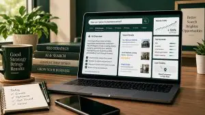 SEO in 2026 and AI search optimization on a laptop and desktop